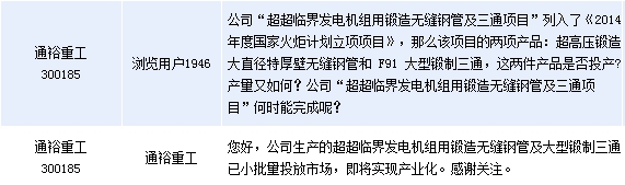 [互动]通裕重工：超超临界机组用钢管已上市